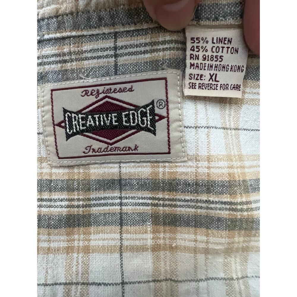 VTG 90s Creative Edge Linen Blend Button Up Mens XL Henley Collar Plaid Vacation - Picture 3 of 3